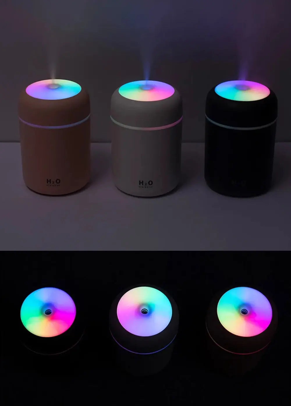 Trois humidificateurs d'air rose, gris, noir pour bébé avec éclairage RGB Babybibobu.fr