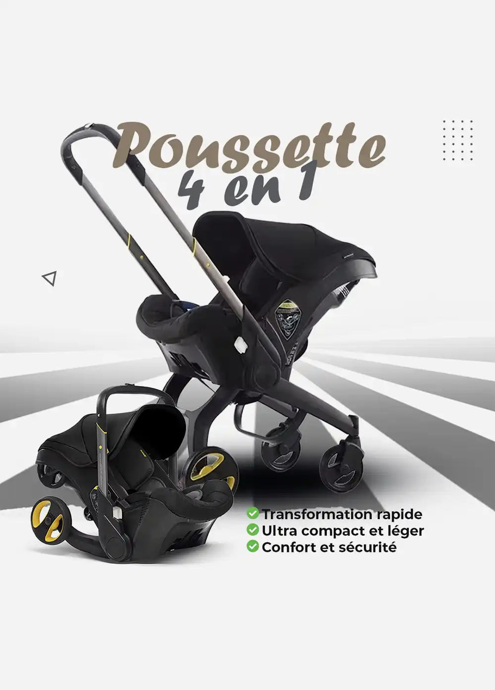 Une poussette de babybibobu qui fait siège-auto, cosy, landau et poussette.